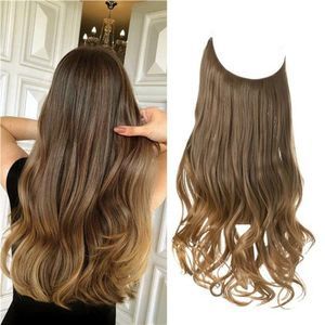 Halo Hair Extensions Ombre Brown to Golden Wavy Curly Synthetic Hair Piece 18"